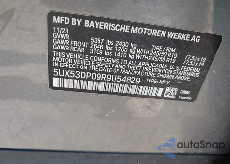 2024 BMW X3 xDrive30I из США, поврежденный, VIN 5UX53DP09R9U54829